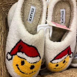 Katydid Santa Smiley Face Slippers - White and Red, brand new